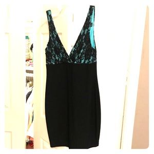 Turquoise and black beaded bodice fitted dress